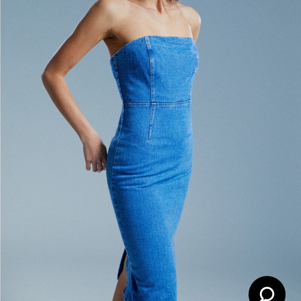 Bardot Vanda Blue Denim Midi Strapless Bodycon Cocktail Dress